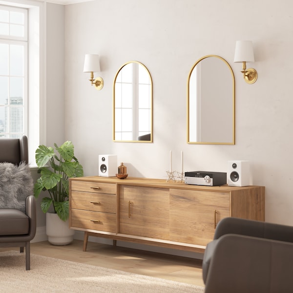 Flash Furniture Mila 20in x 30in Arched Metal Framed Wall Mirror, Gold HMHD-23M006YBN-GLD-GG - main
